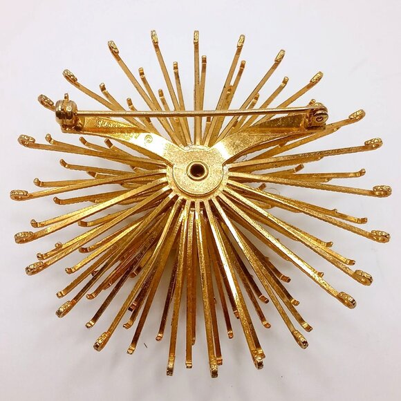 Sarah Coventry Brooch Gold Tone Metal Starburst Amber Rhinestone Center Vintage - Picture 6 of 10